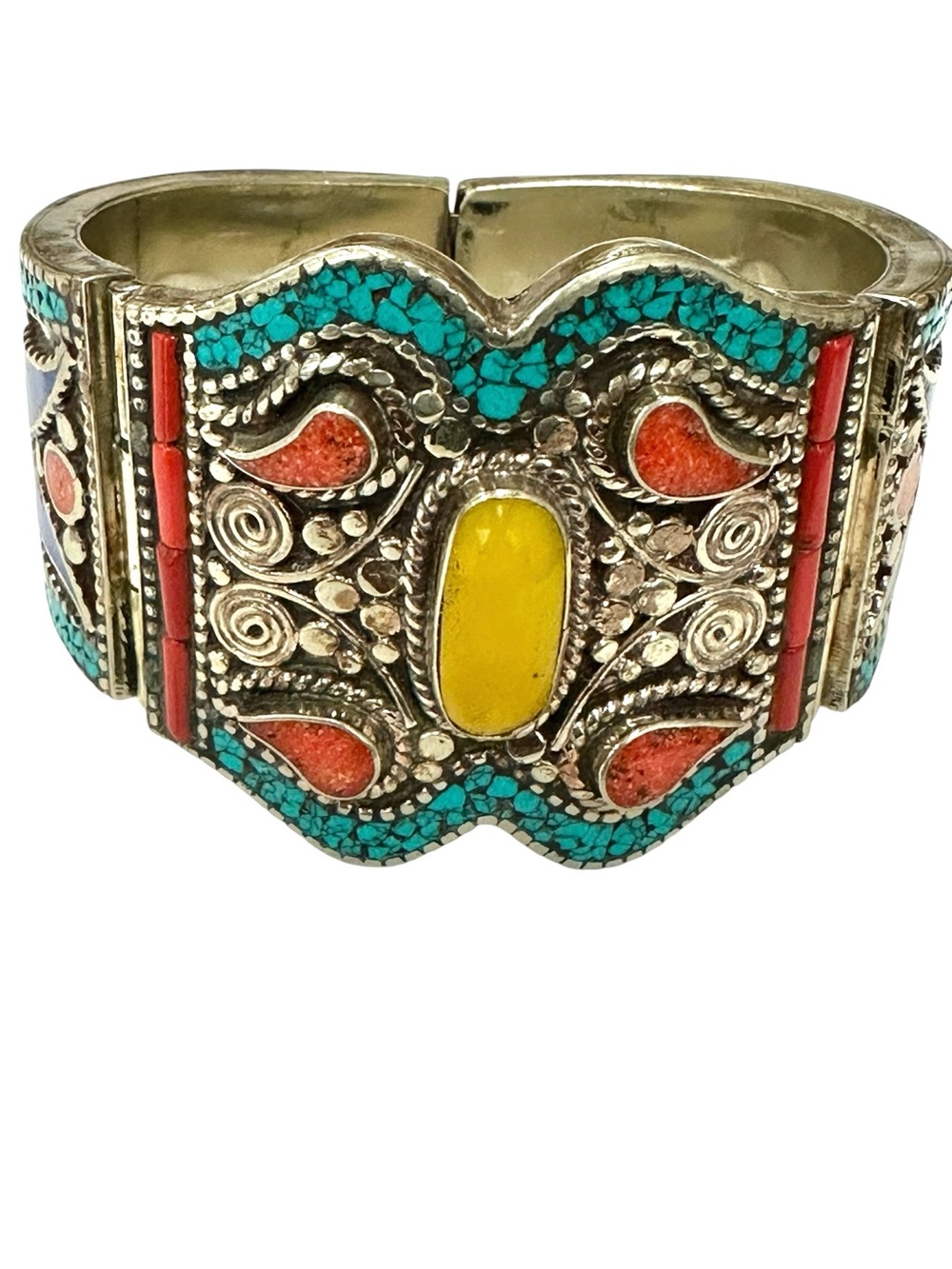 Boho Turquoise, Coral & Yellow Inlay Silver Cuff Bracelet